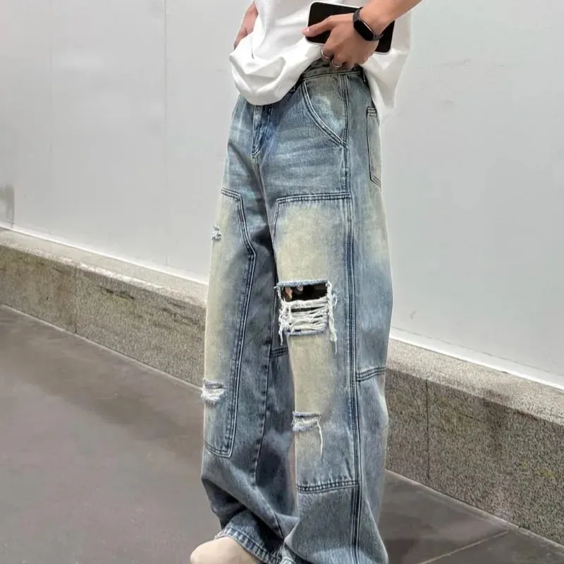 Jeans pour hommes Pantalons robustes lavés multi-poches Style charpentier Pantalon en denim droit et ample Coupe décontractée High Street