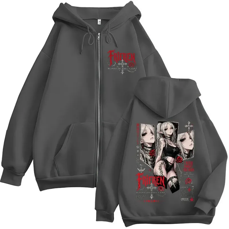 Anime Frieren Beyond Journey's End Zipper Hoodies Men Women Clothing Oversized Fleece Zip Up Hooded Sweatshirts Coats Streetwear