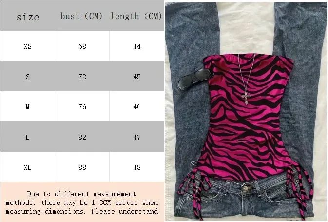 Cropped Top Women's Summer Vacation Pleated Lace Up Leopard Print Vest Sleeveless Zebra Print Top Pink Zebra Print Top