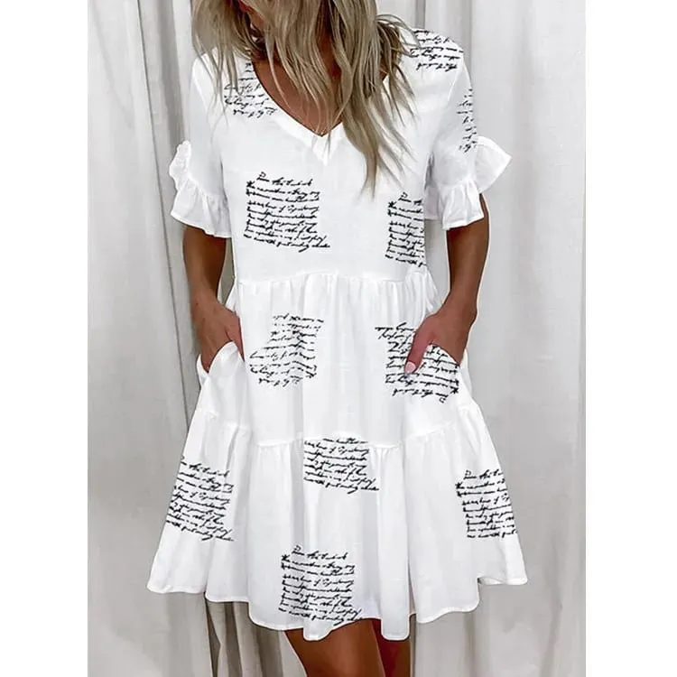 Frauen Sommer Kleid Casual V-ausschnitt Kurzarm Schmetterling Sleeve Floral Blatt Brief Drucken Mini Kleider Vestidos YSX9032