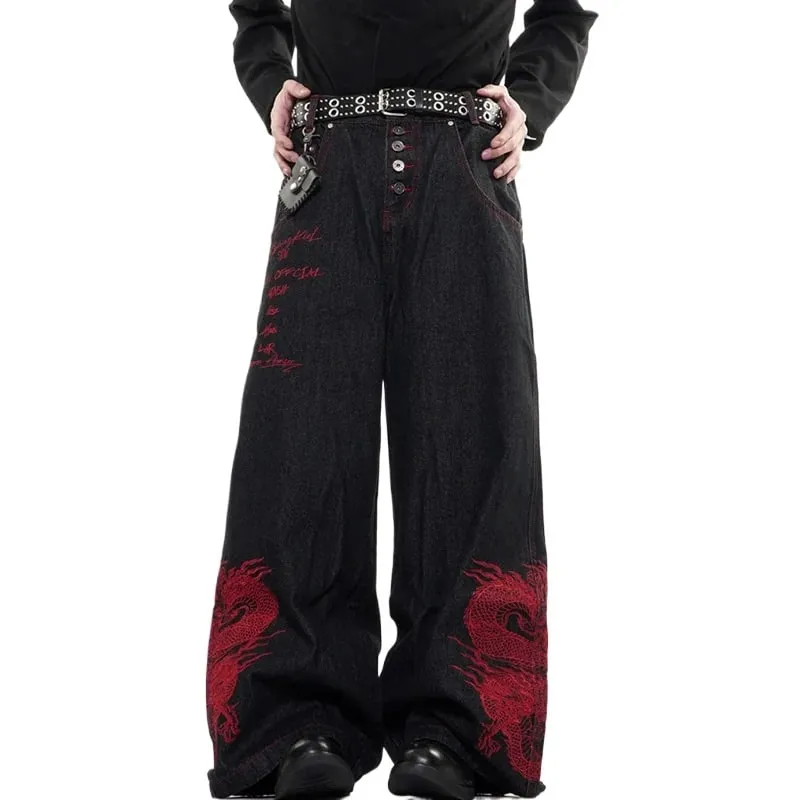 2026 New Side Red Dragon Embroidery Baggy Jeans For Men Y2K Streetwear Punk Fashion Denim Pantalones American Retro Hip Hop Jean