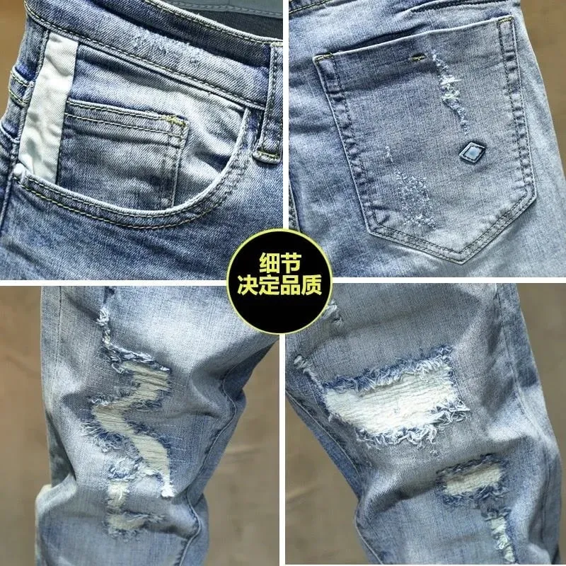 Spring and Autumn New Fashion Trend Solid Color Perforated Straight Leg Elastic Jeans Men's Casual Sports High-Quality Jeans