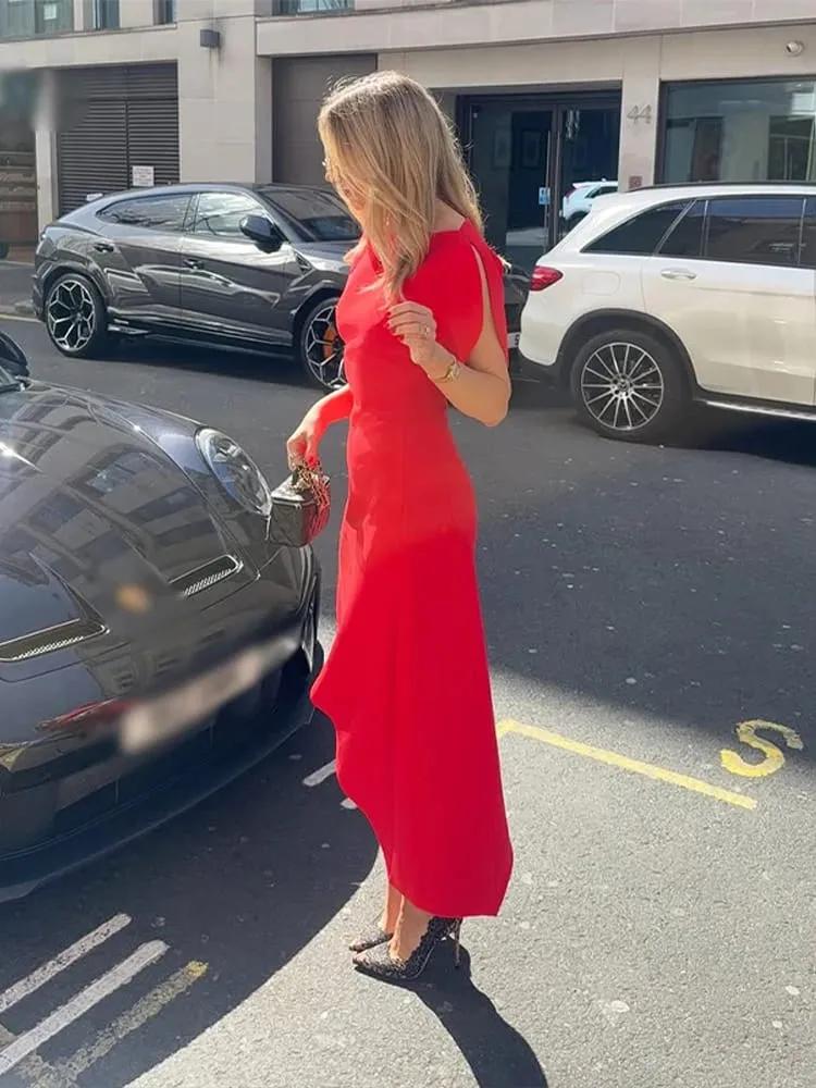 Asymmetric Hem Puff Sleeve Midi Dress Solid Boat Neck Slim Fit 2026 Summer Chic Elegant Party Women Evening Office Evening Gown