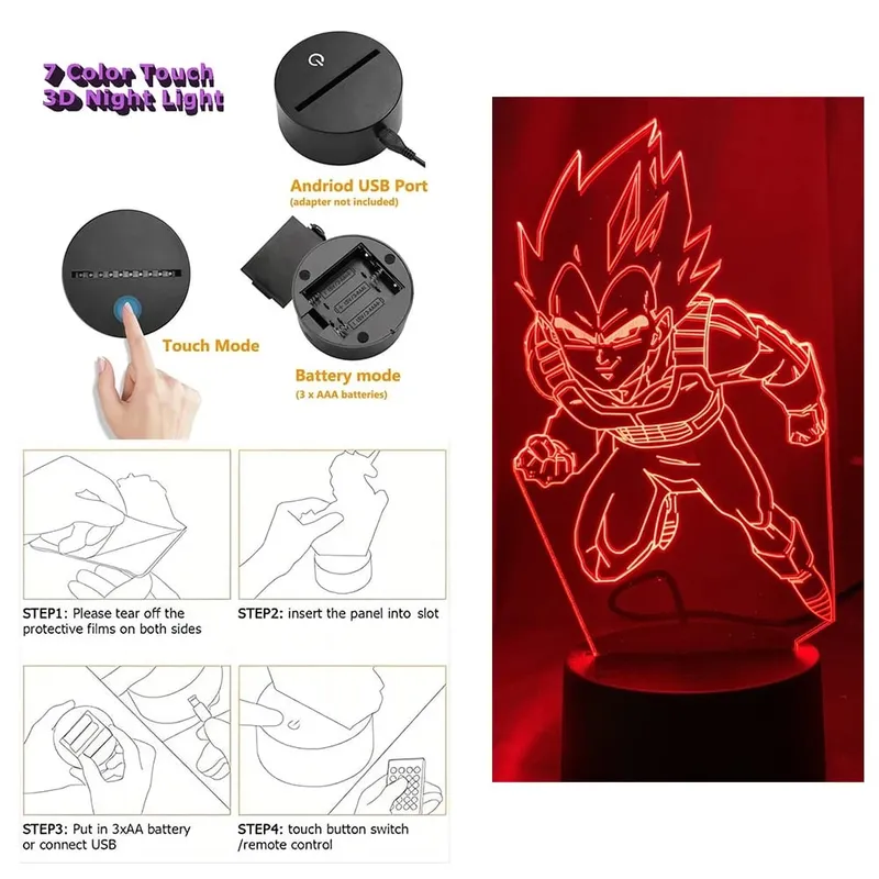 Dragon Ball Z Anime Figures Goku Vegeta Gohan Broly 3D Lamp PVC Action Figures Toys for Children Trunks Buu Super Saiyan Gifts