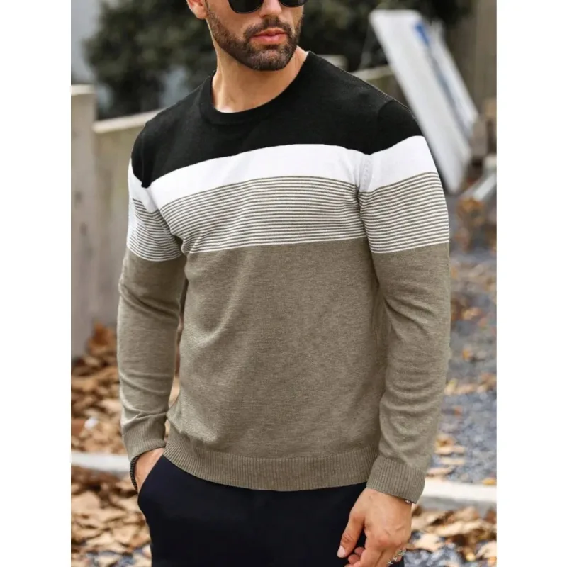 Fashion Autumn Casual Men's Sweater Round Neck Striped Slim Fit Knittwear Men's Sweaters Comfortable Pullovers Men Sweatshirt