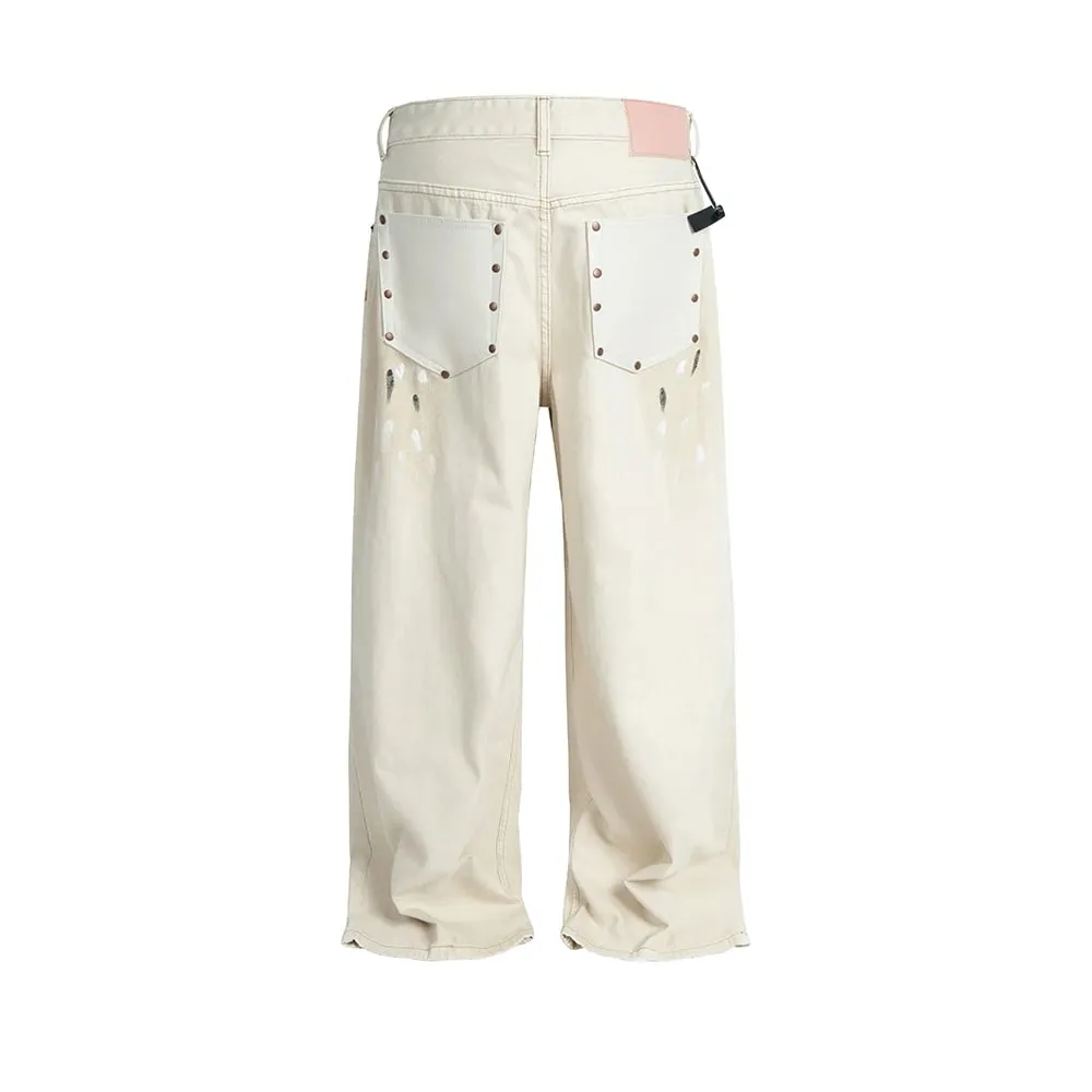 High Street Dirty Mud Splatter Baggy Jeans for Men Solid Color Loose Straight Rivet Pocket Washed White Denim Trousers Oversize