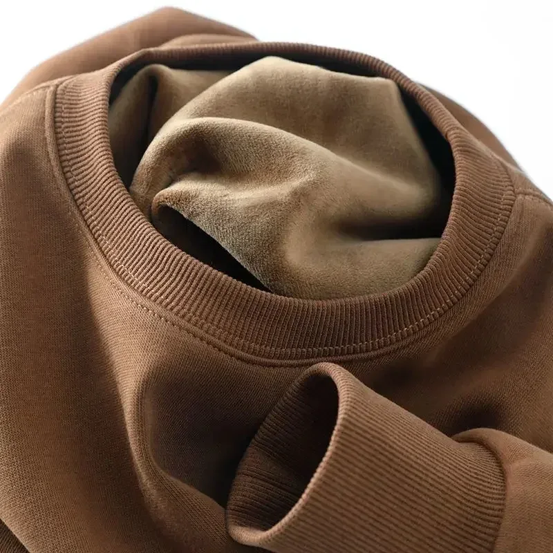 Sudadera gruesa de felpa de algodón de 600G, suéter fino de felpa pesado, suéter de cuello redondo sólido, suéter cálido para otoño e invierno