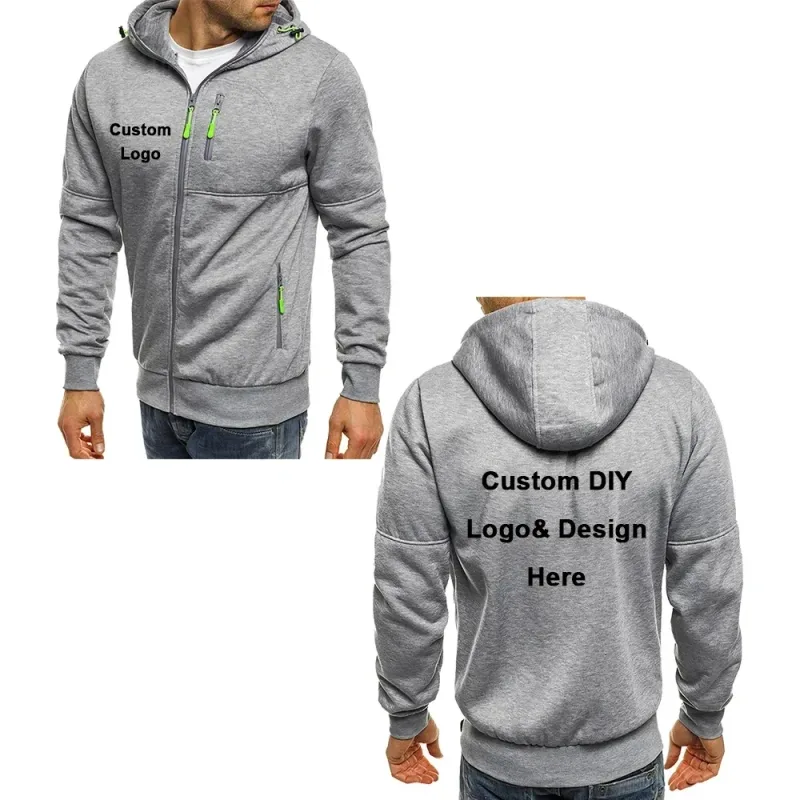 Men's hooded zipper jacket with pockets custom logo image text casual sports streetwear men's cardigan wool sweater fashion