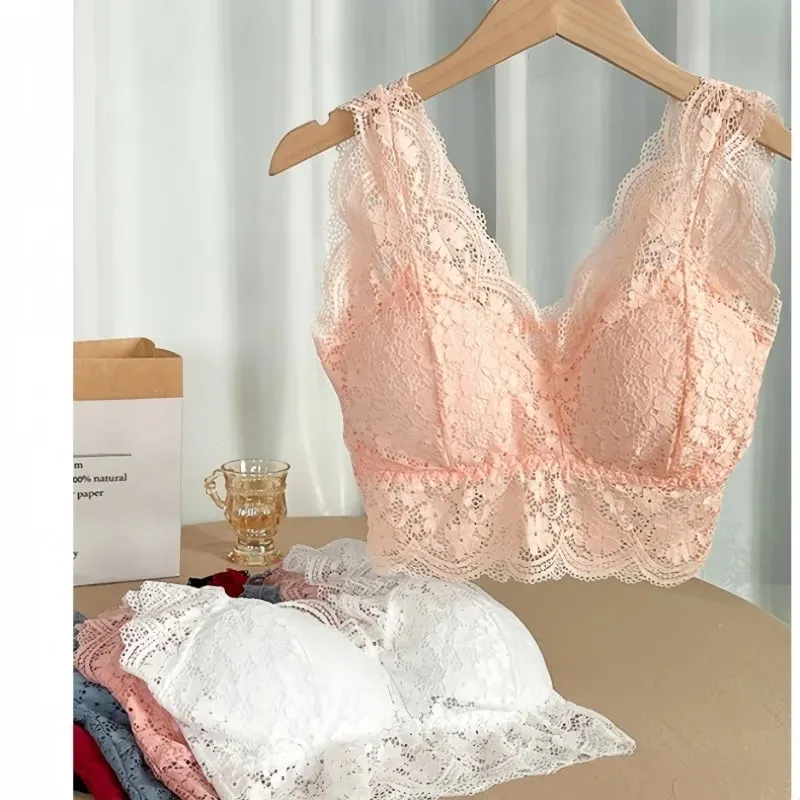 Reggiseno in pizzo Top con scollo a V profondo Bralette Reggiseno corto in pizzo da donna Lingerie sexy Reggiseno a canotta corto imbottito senza fili