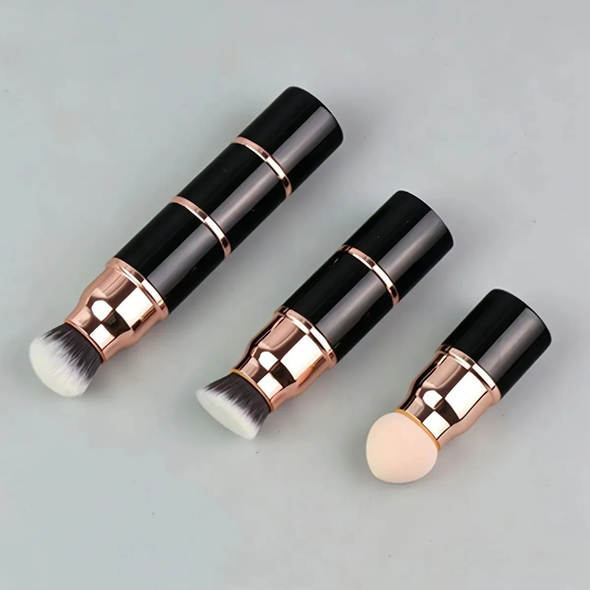 3in1 Mini Portable Makeup Brush with Dust Cap Detachable Sponge Angled Foundation & Powder Heads Bionic Hair Sturdy Aluminum