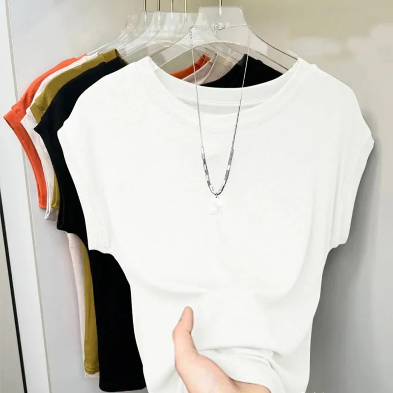 1pcs Women T Shirt Summer Sleeveless Round Neck Breathable Loose Leisure Tops Comfort Lady Basic Tee Solid Female Ice Silk Vests
