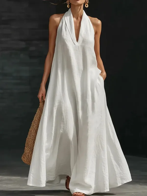 Women's Casual Dresses Sexy Solid V Neck Pocket A-Line Long Dress Spring Summer Sleeveless Loose Beach Vacation Maxi Mujer Dress
