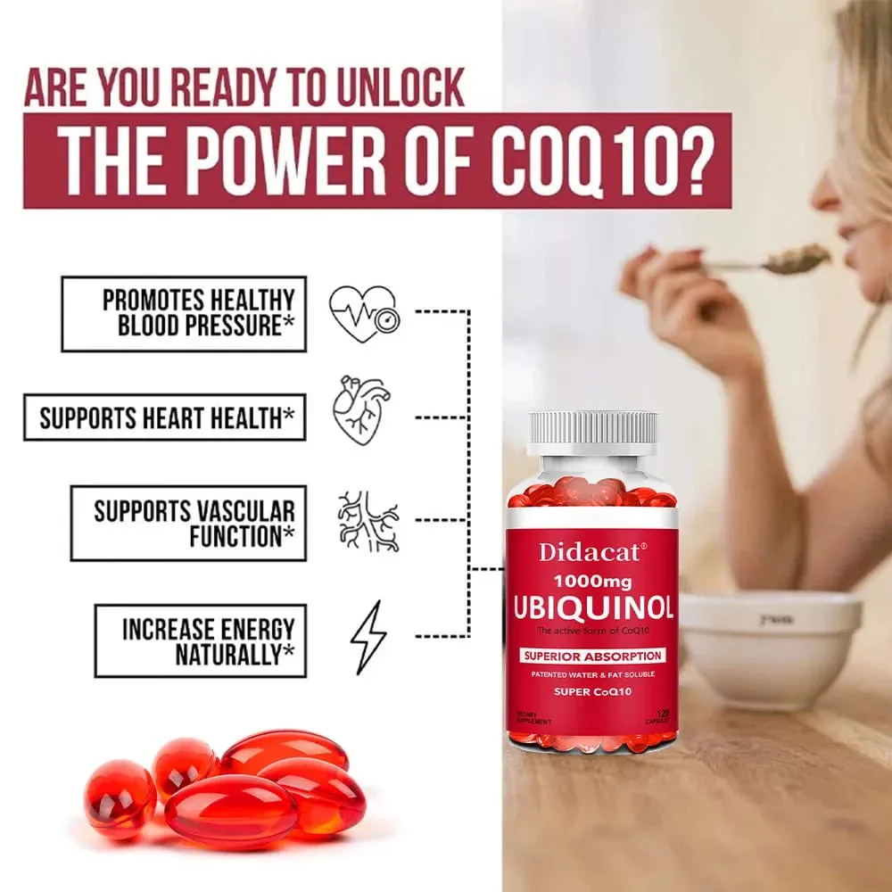 Ubiquinol CoQ10 Vegetable Softgels 1000mg Natural Antioxidant Supplement Cardiovascular Skin & Energy Wellness Support