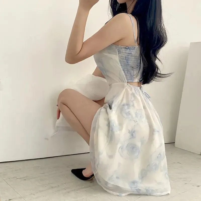 Women Sleeveless Chiffon Dress Floral Printing Suspender High Waist A-line Strap Dress Summer Dress Sexy Backless Dresses