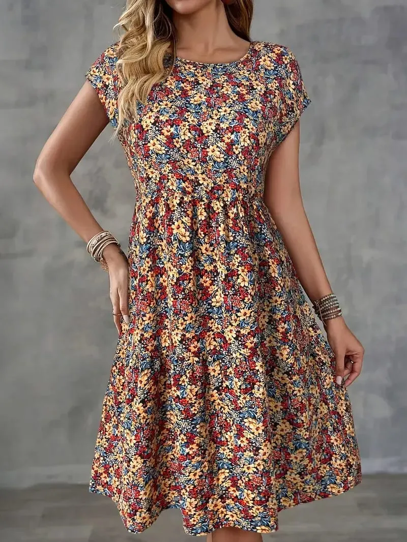 Women's Summer Floral Print Short-Sleeved Round Neck Dress Casual Loose Vacation Style Dress
