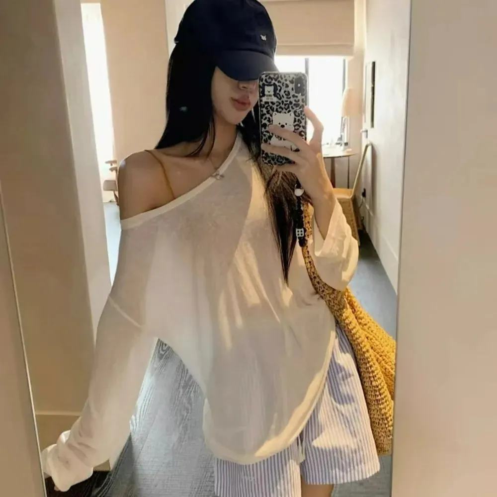 Sheer Baggy T-shirt Streetwear Off Shoulder Top Summer Sunscreen Pullover Shirt Women Loose Sheer T-shirt Long Sleeve Lazy Shirt