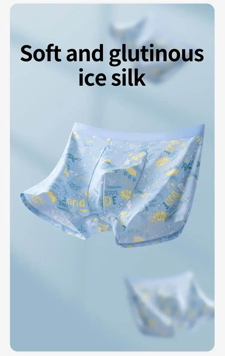 MiiOW 4Pcs Ice Silk Men Boxers 10A Antibacterial Crotch Man Panties Underpants Breathable Cartoon Print Men's Underwear Trunks