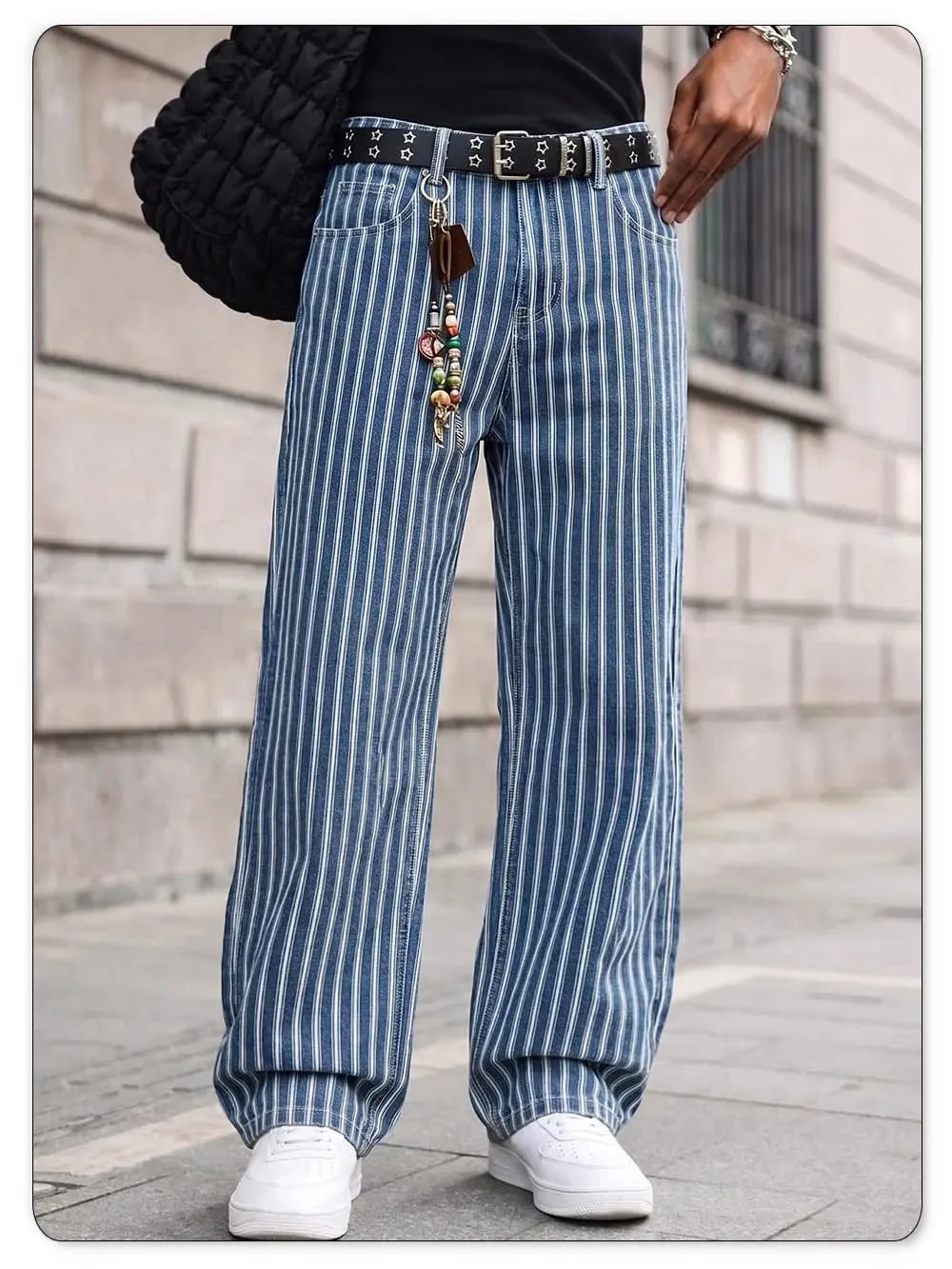 Men's Blue White Striped Jacquard Straight Leg Jeans Baggy Casual Pants Suitable for Work and Leisure Without Elasticity — image 3