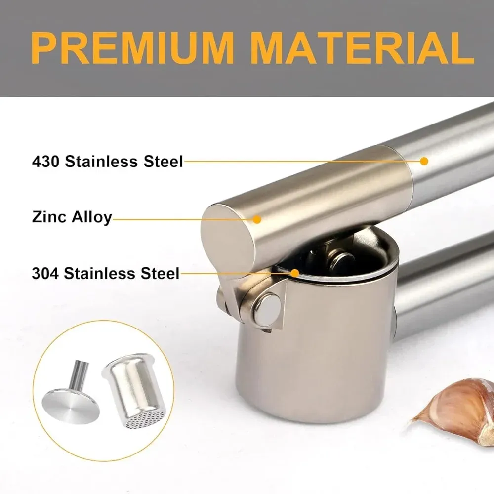 Stainless Steel Garlic Press Set - Manual Ginger Garlic Mincer Crusher Chopper Heavy Duty Easy Squeeze Rust Proof Easy Clean