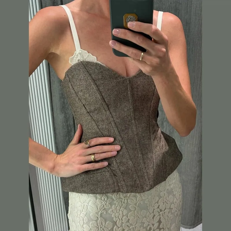 Floral Print Cami Corset Top Thin Straps U Neck Structured Waist Pointed Hem Vintage 2026 Spring Summer Vacation Lady Chic Top
