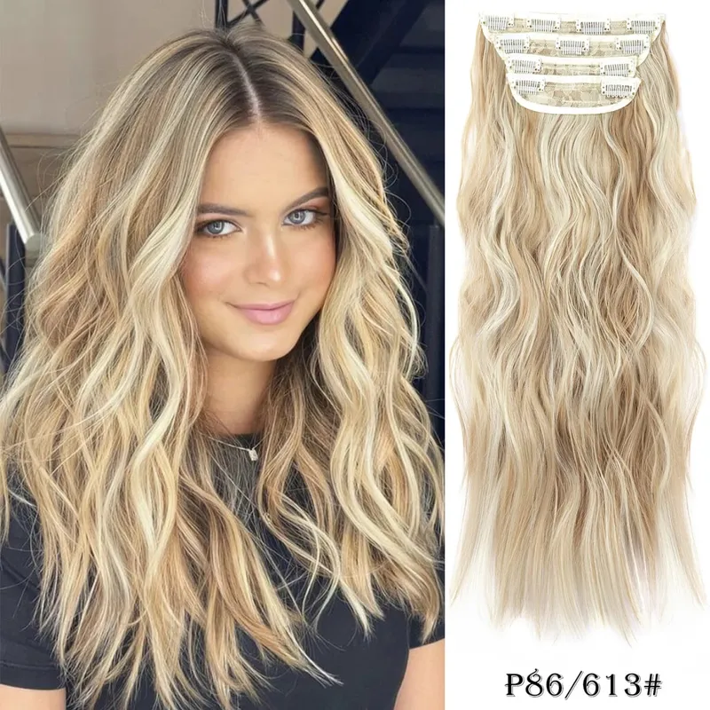 Clipe sintético longo ondulado feminino de alta temperatura, extensão de cabelo sintético, 4 peças, clipe longo, macio, ondas glam, grosso