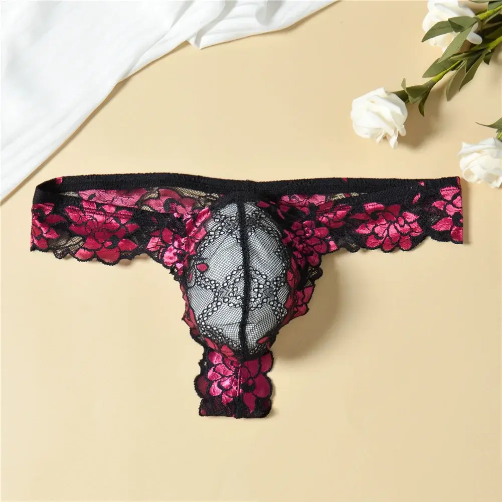Men Floral Lace Thong Low Rise Elastic Waist G‑String Breathable See‑Through Floral Print Male Underwear Sexy Lingerie Panties