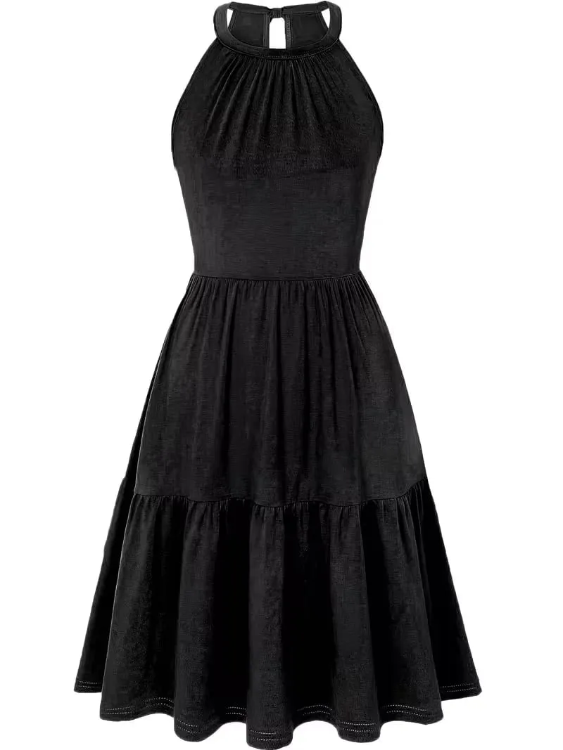 Women Summer Elegant Sleeveless solid color Halter Neck Beach Ruffle Hem Loose Vacation Knee Length Dress