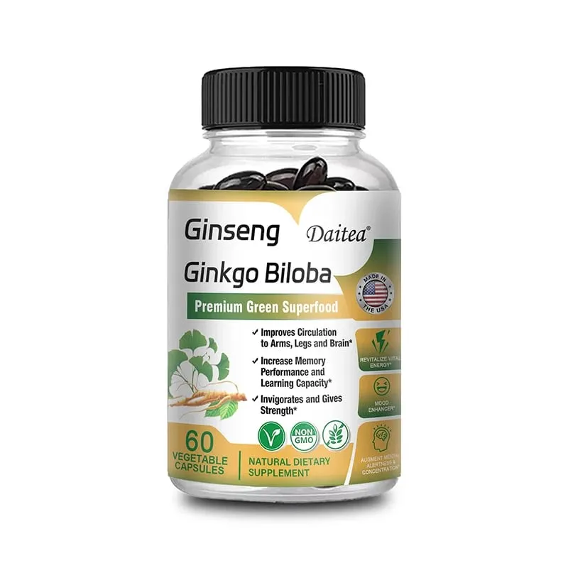 Ginseng + Ginkgo Biloba Capsules - Premium Non-GMO/Vegan Superfood - Traditional Energy Booster and Mood Soother