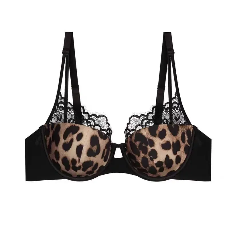 Women Leopard Print Thin Cup Bralette Set Push Up Anti Sagging Soft Underwire Side Fat Control New Arrival Underwear Set