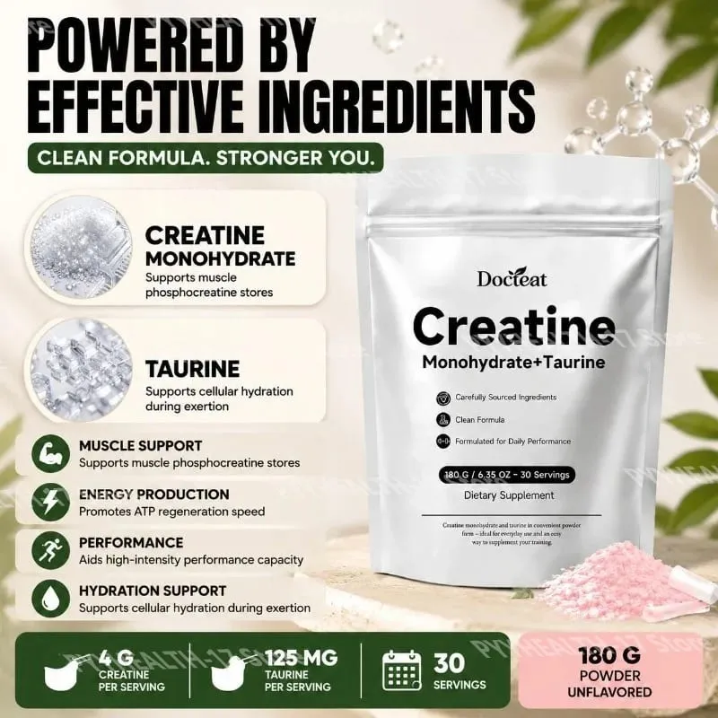 Docteat Creatine Monohydrate+Taurine Powder for ATP Regeneration Speed and Phosphocreatine Store Support 30 Servings 180 G