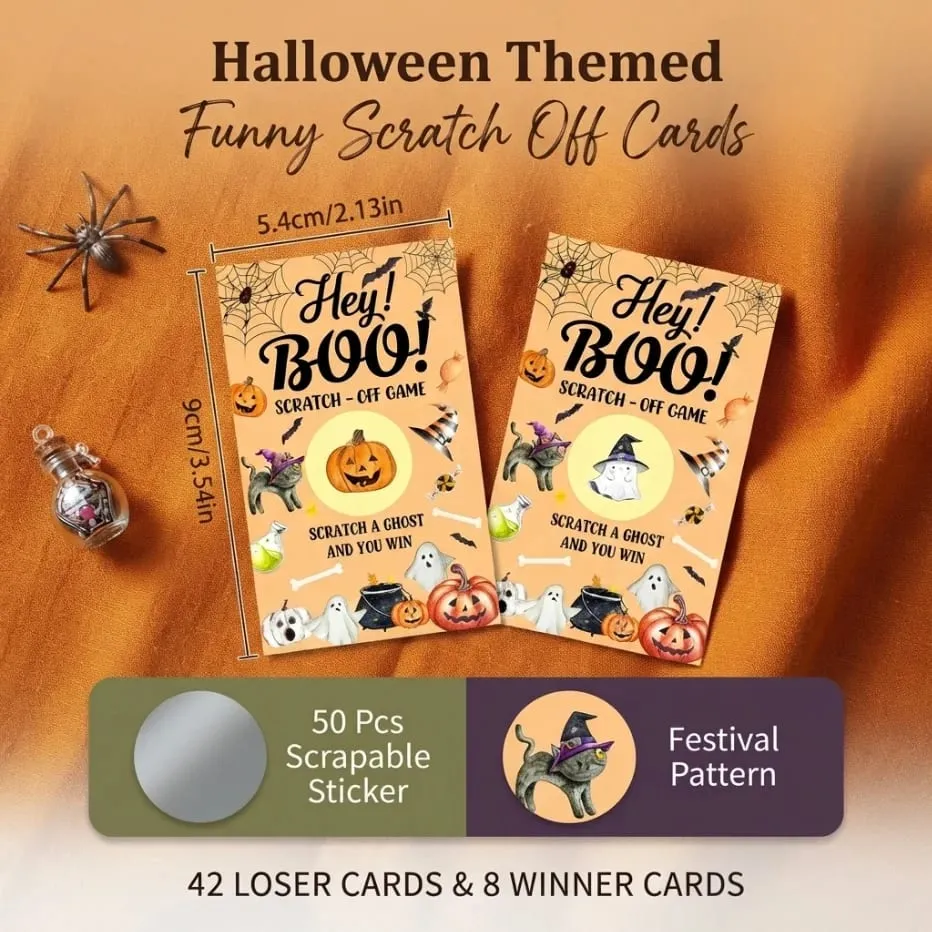 50 Halloween scratch cards Google Head Witch themed cards Halloween party games scratch to win and receive a surprise.
