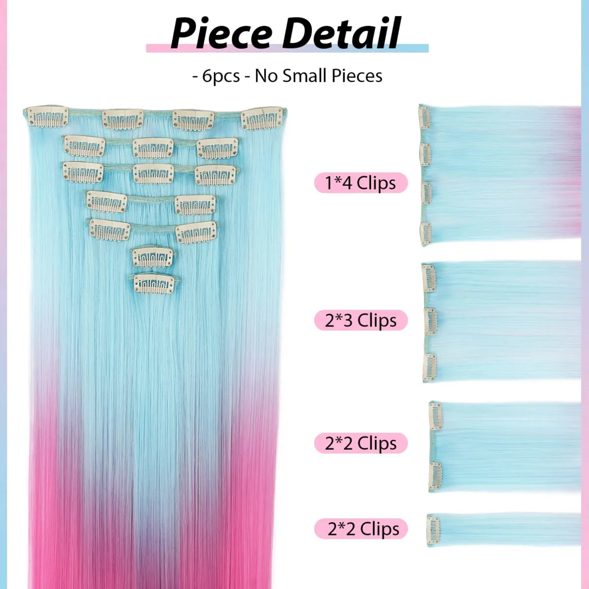 Synthetic Clip in Hair Extensions 7pcs/set Ombre Sky Blue to Hot Pink 22inch Colorful Clip in Hair Multi Styles Straight/Wavy