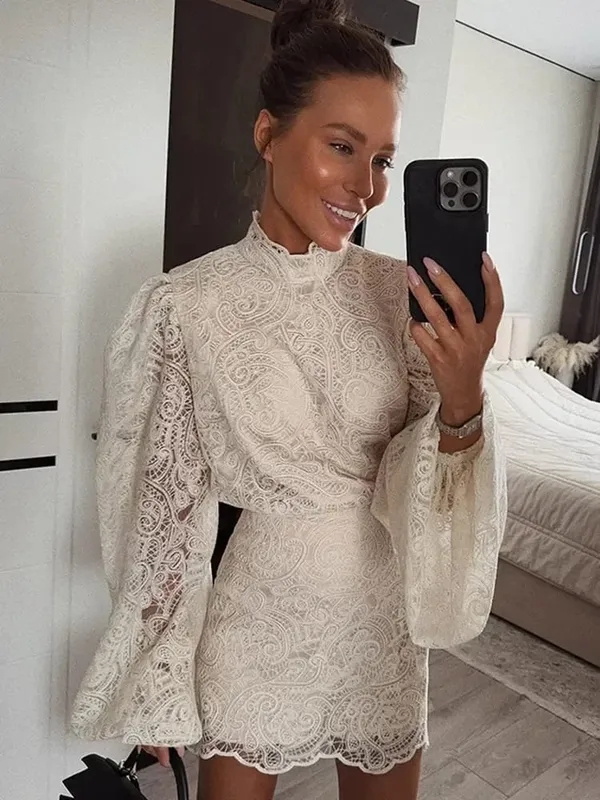 Lady Trendy Hollow Out Lace Mini Dress Elegant 2025 New Long Sleeve Designs Chic High Neck Short Vestidos Autumn Club Night Gown