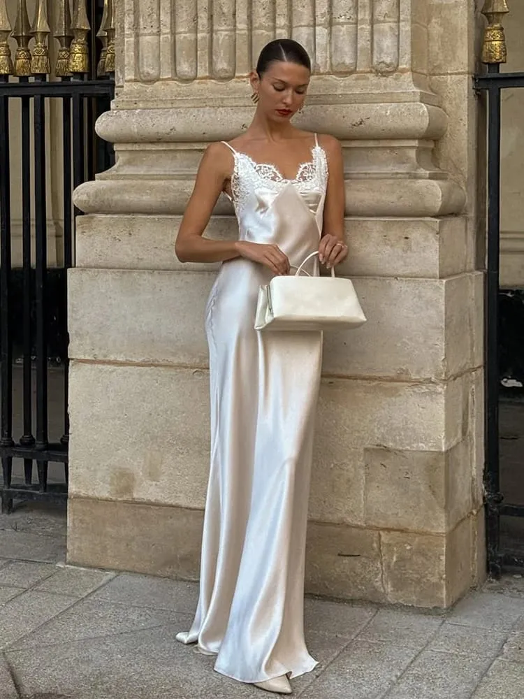 Sexy Satin Sling Maxi Dress Women V-neck Lace Patchwork Sleeveless Backless Slim Dresses 2026 Lady Chic Vacation White Robe