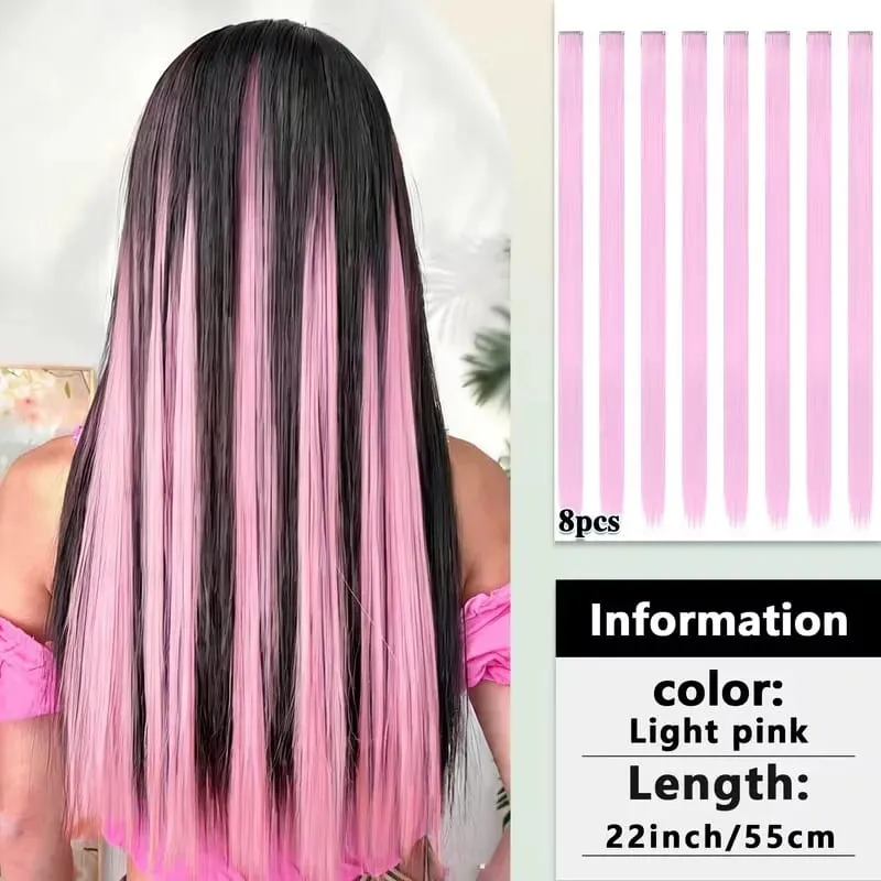 22Inch Synthetic 8pcs Long Straight Clip-In Hair Extension Highlights Multi-Color Rainbow Hairpiece for Women Daily Praty Use