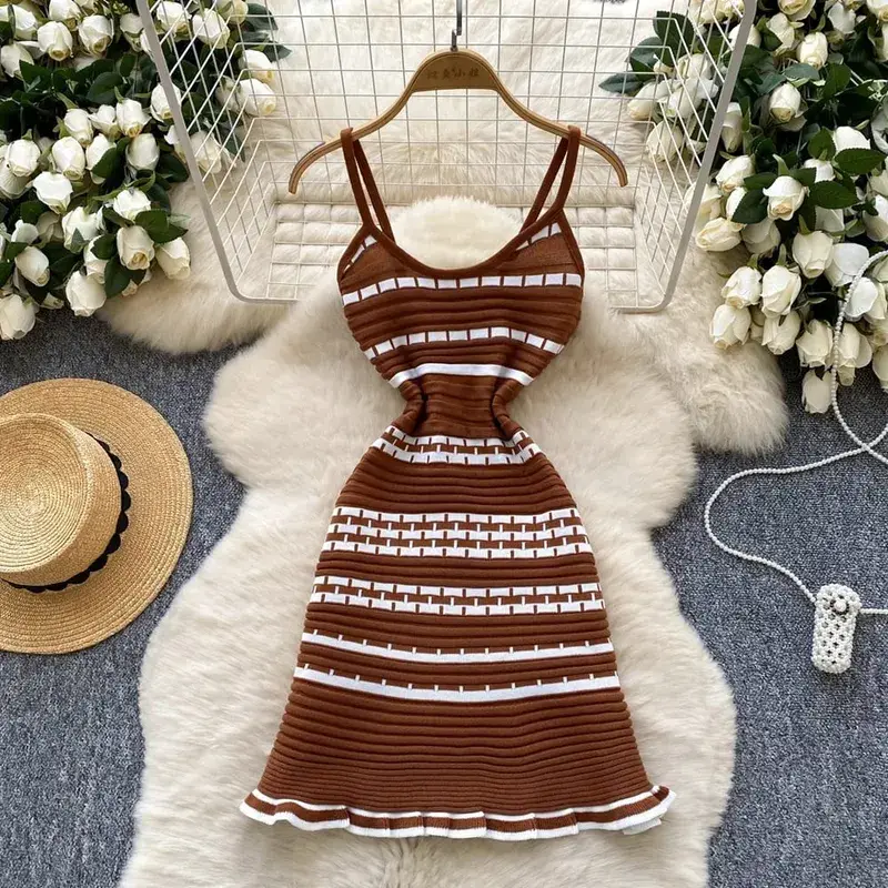 YuooMuoo Chic Fashion A-line Short Women Dress Ins Hot Y2K Geometric Knitted Summer Dress Streetwear Korean Lady Party Vestidos