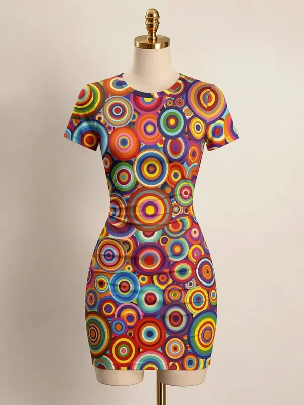 Womens Short Sleeve Bodycon Mini Dress Slim Fit Crew Neck Floral Print Casual Summer Party Cute Casual Weekend Vacation Sundress