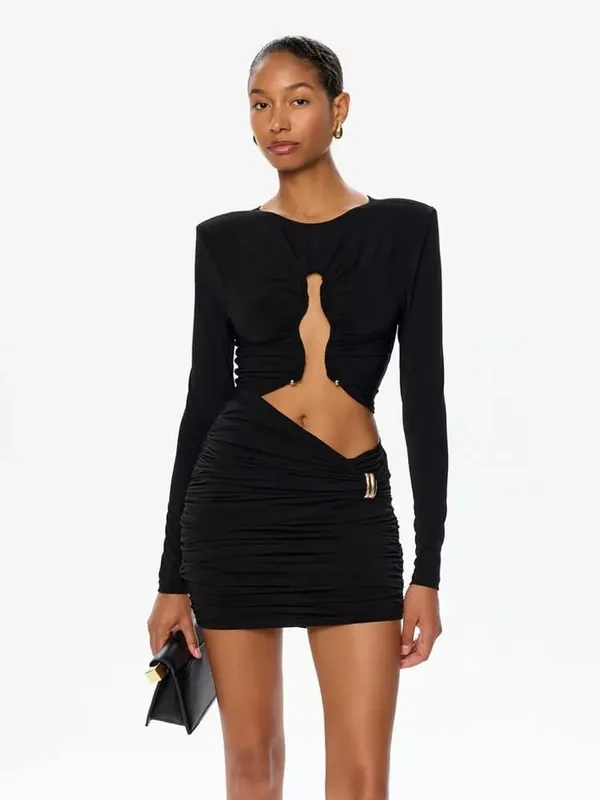 Jednolite sukienki dla kobiet moda seksowny klub z długimi rękawami drążą O-Neck chusta na biodra płaszcza Mini Vestidos szaty kobiece Streetwear