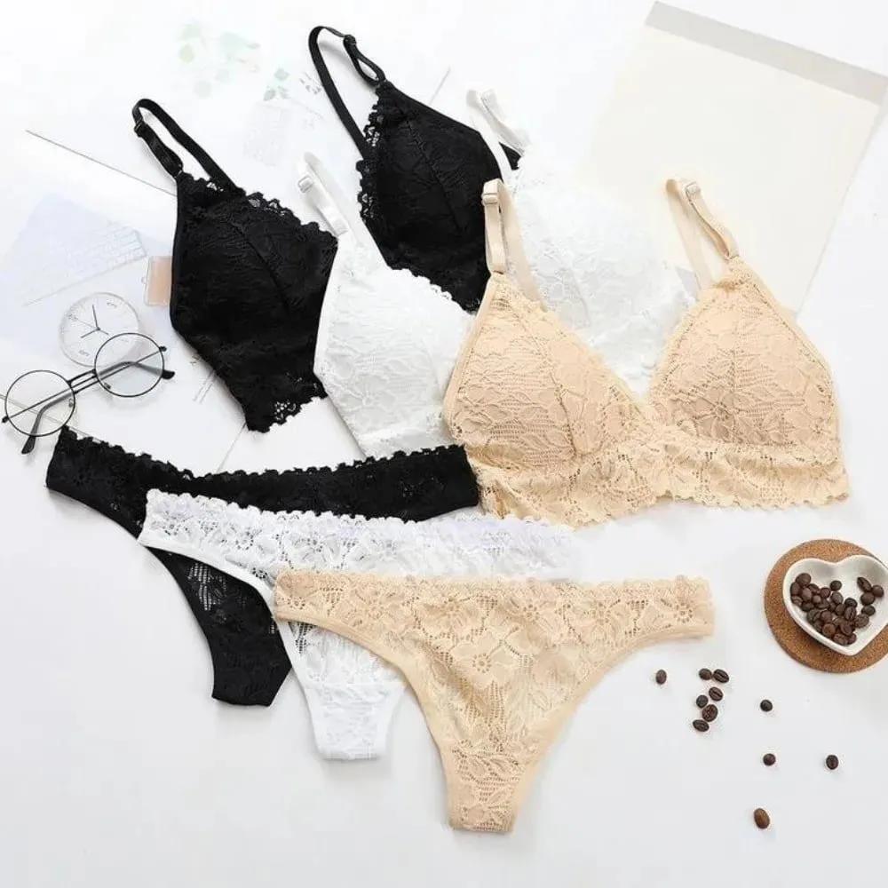 Sweet V Neck Lace Flower Bra Set Solid Color Thong Floral Panties Bra Kit Low Waist Lingerie Lace Underwear Romantic Night