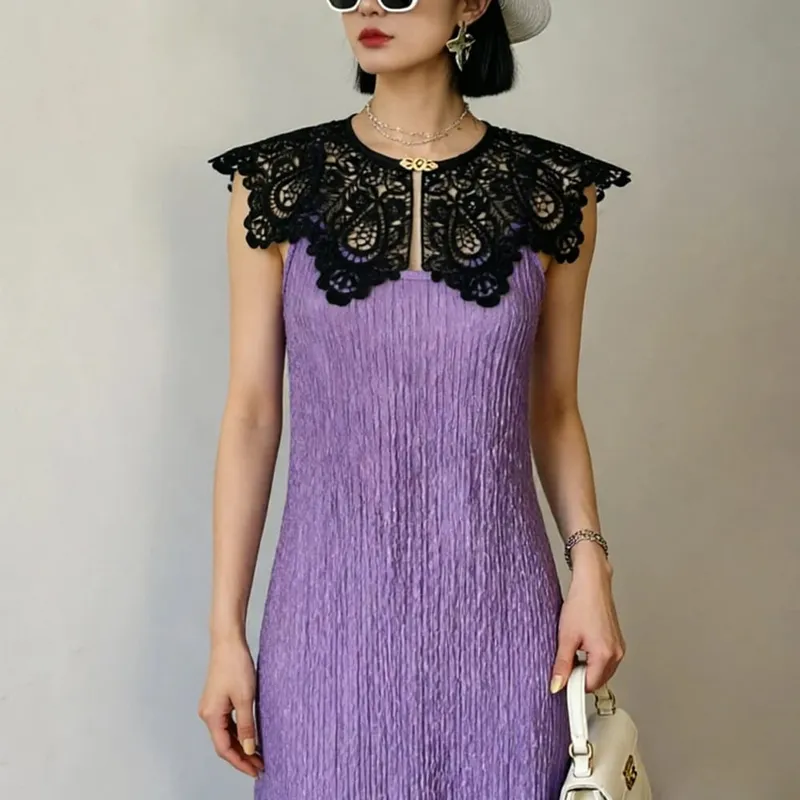 Pleated Sleeveless Elastic Long Dresses Women Vintage Palace Style Womens Black White Doll Fake Collar Soft Midi Dress Clothing