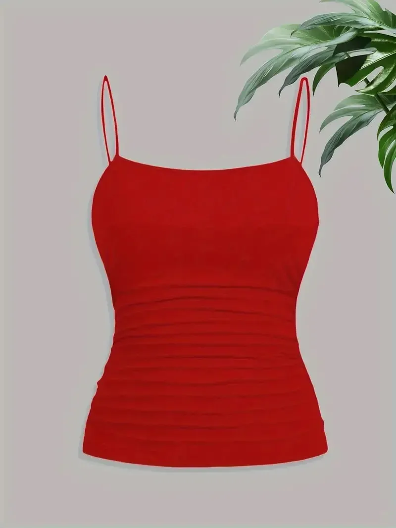 Women Elegant Thin Strap Ruched Cami Top Slim Fit Sleeveless Camisole Soft Stretch Basic Tank Vest Summer Fashion Underwear Blac