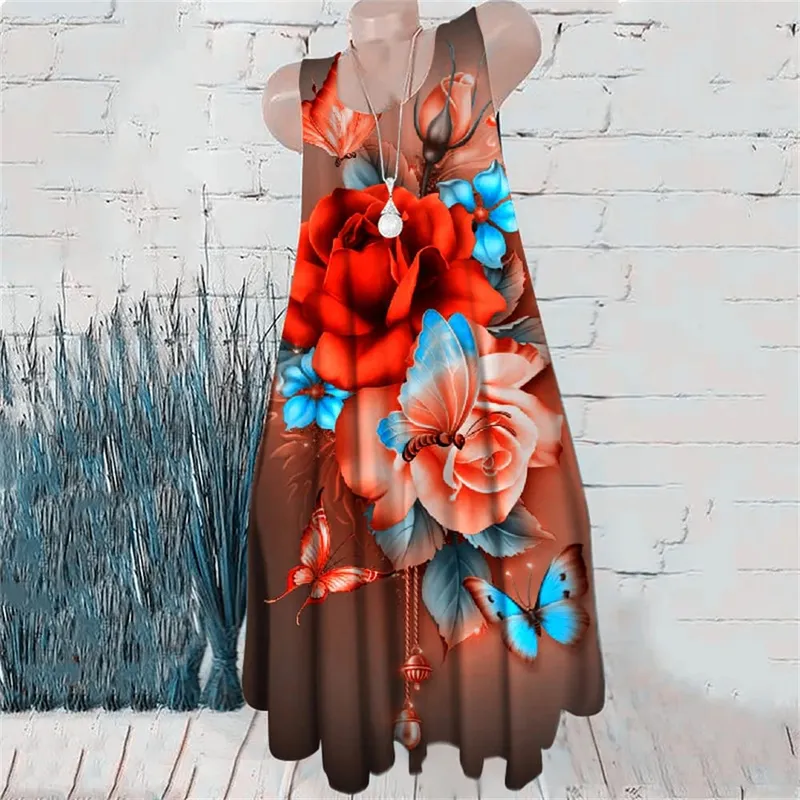 Sleeveless Women Floral Print Dresses Summer Beach Casual Female Short Dress Flower Pattern Wine Red Ladies Street Mini Dress