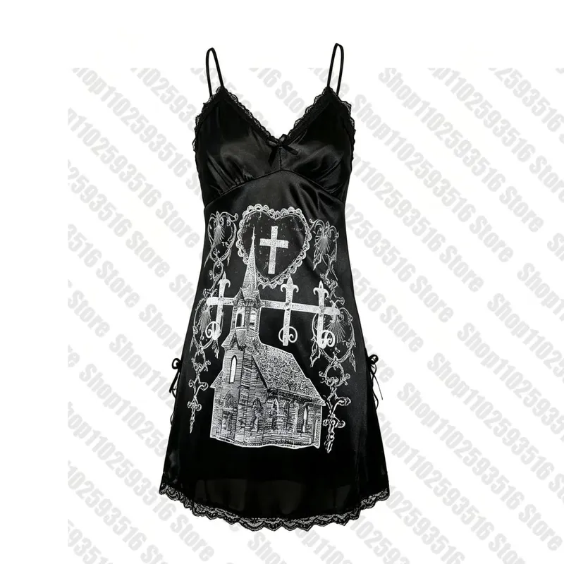 Y2k Dresses Emo Graphic Gothic Dress Black Mini Dress Goth Rock Women's Casual Dresses Harajuku Female Clothing Punk Party Short