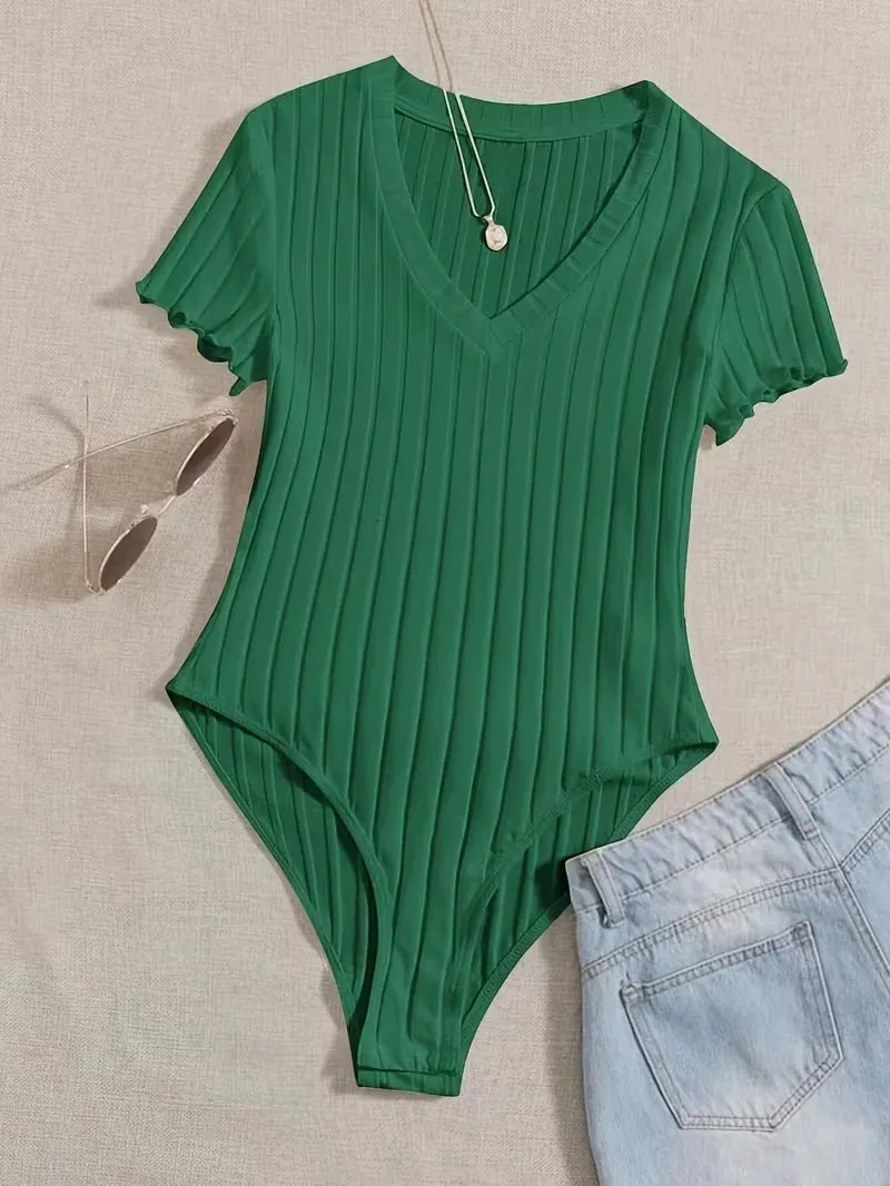 Lettuce Trim Ribbed Bodysuit Women's Sleeveless High Waist Bottom Control Shapewear for Slimming Effect
