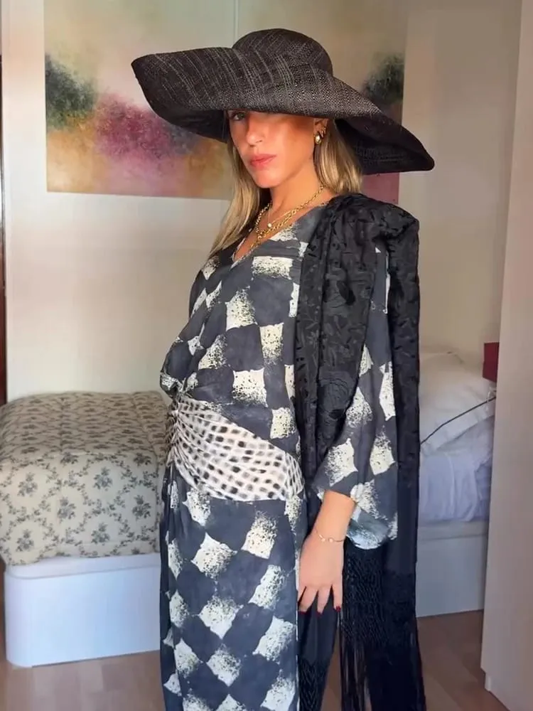 V-Ausschnitt, lockere Taille, gerafftes langes Kleid, Kontrastfarben, kurze Ärmel, plissiert, Maxikleider, schickes Urlaubskleid für Damen