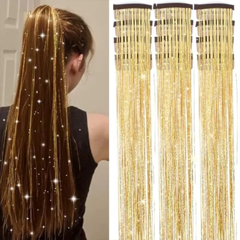 12Pcs Clip in Hair Tinsel Kit Red Hair Tinsel 22Inch Tinsel Hair Extensions Christmas Hair Tinsel Party Festival Accessories