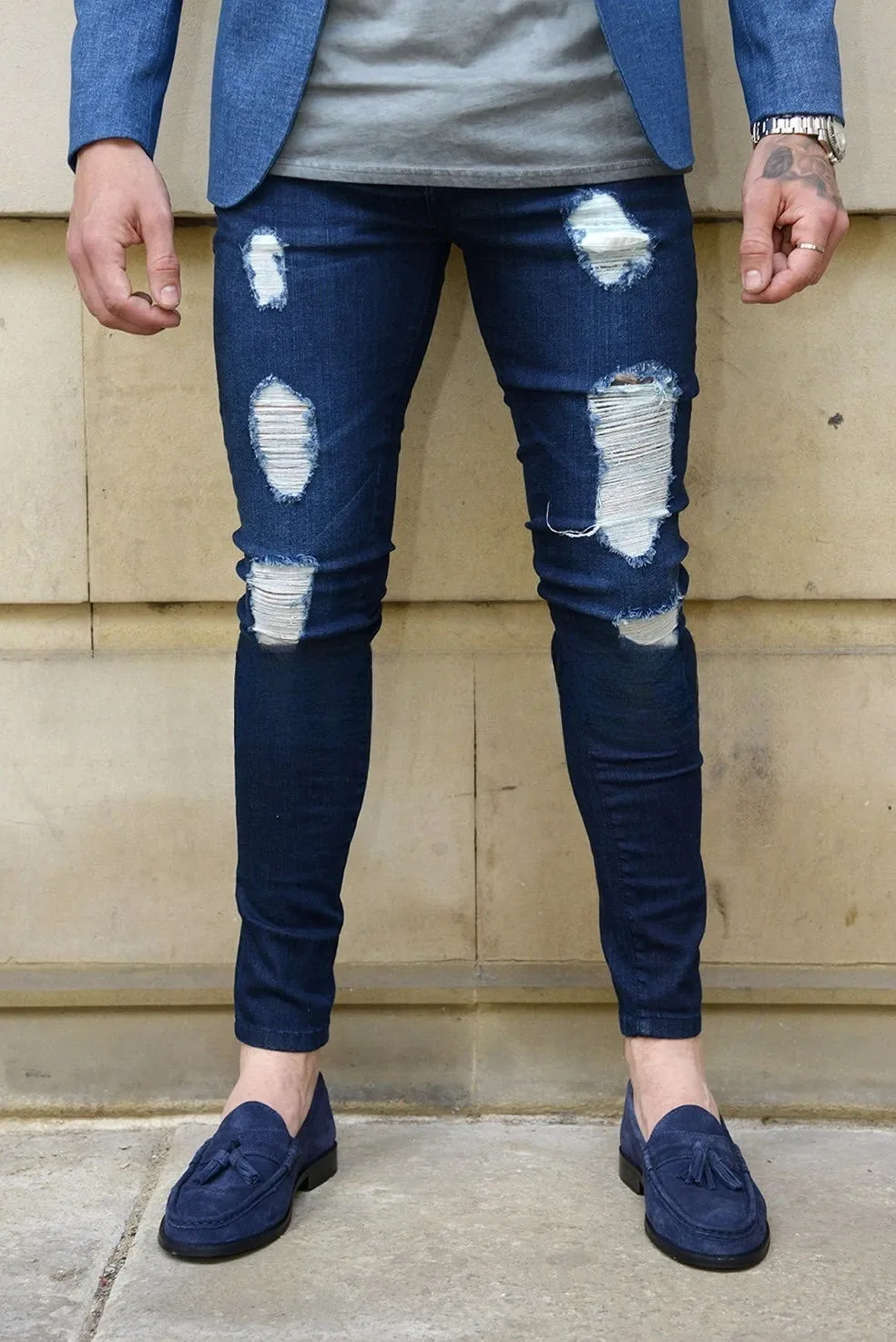 Men High Waist Black Ripped Skinny Jeans Fashion Hole Design Trendy Casual Denim Long Trousers