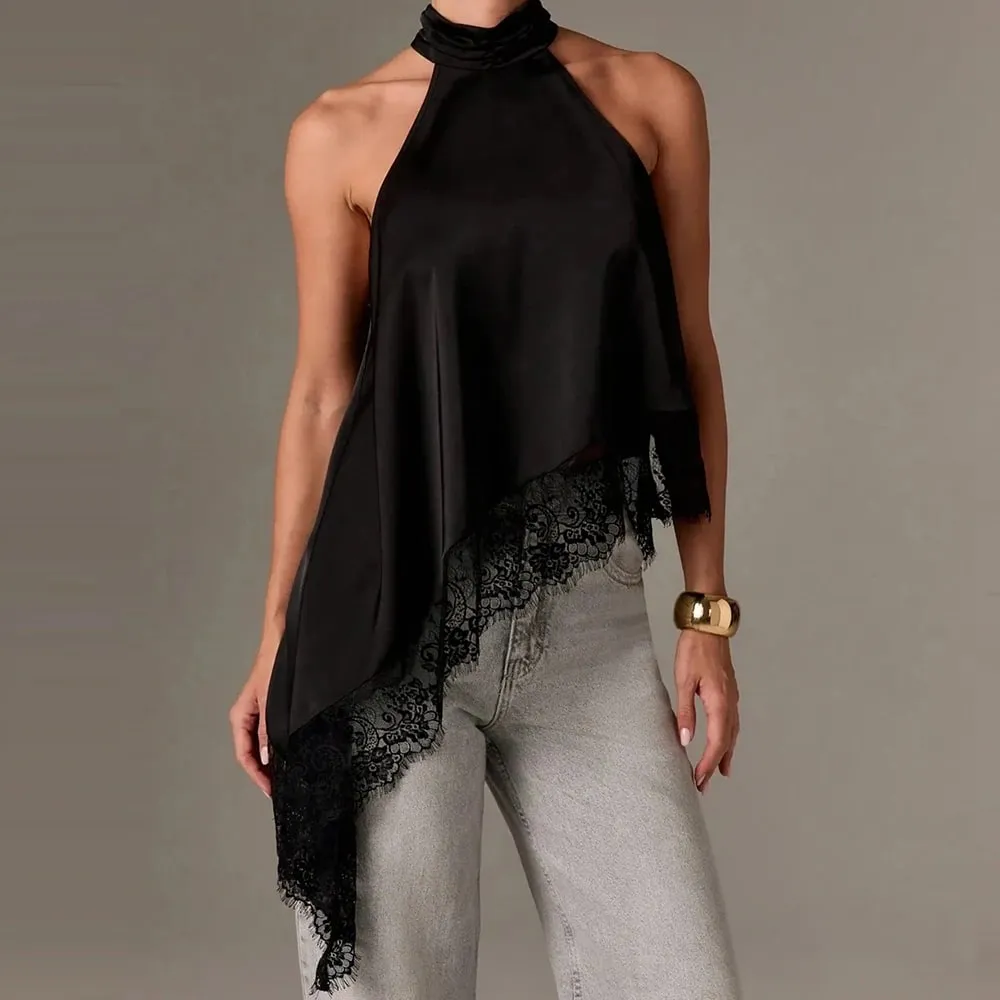 Women Boho y2k Coquette Lace Trim Halter Crop Tops Retro Sleeveless Backless Loose Irregular Hem Tanks Cropped Camis Vests