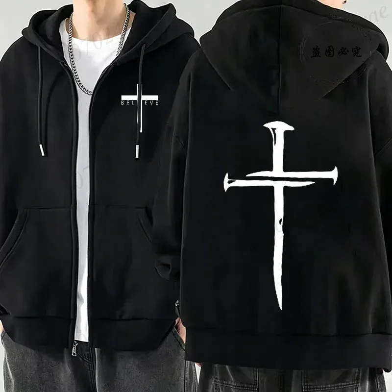 New Fashion Zipper Hoodies Christ Jesus Cross Print Men Hoodies Sweatshirts Fleece Hip Hop Street Hoodie Zip Up Sweatshirts Top