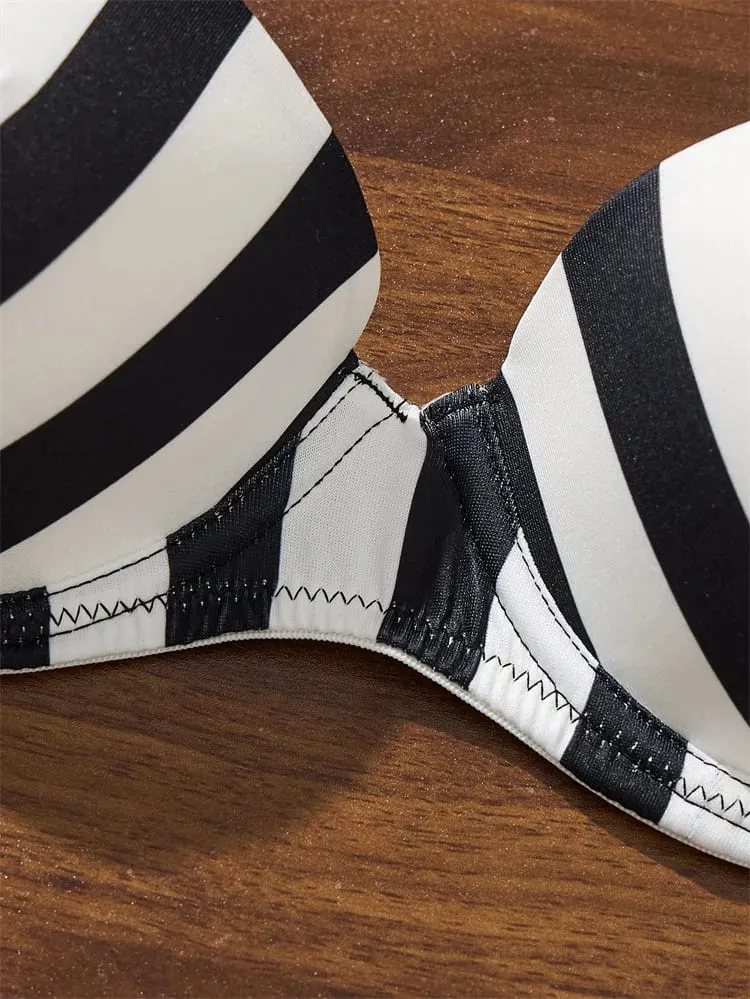 Sexy Lingerie Black and White Stripes Lingeries Set Steels Ring Push Up Bra Underwear Set Elegant Intimate Lingerie for Woman